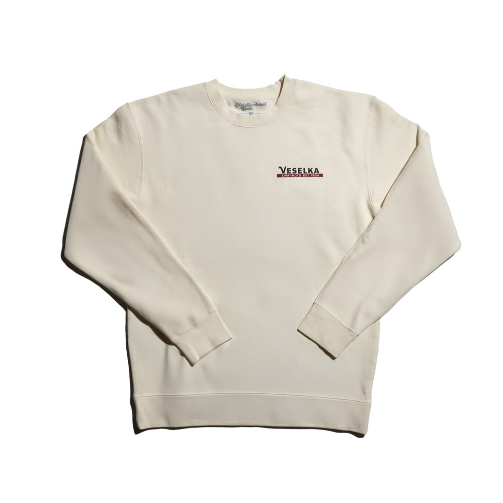 Front of Veselka crewneck, off white with logo